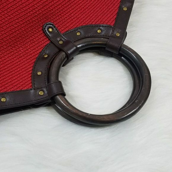 Red Straw Purse Round Wooden Handles 3 Pockets - Picture 6 of 8